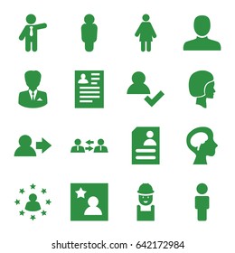 Profile icons set. set of 16 profile filled icons such as man, businessman, resume, worker, human brain, face, favorite photo, communication, user surrounded by stars