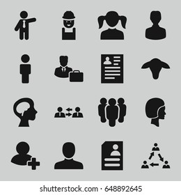 Profile icons set. set of 16 profile filled icons such as goat, man, girl, businessman, resume, worker, add friend, human brain, face, male consultant   with case