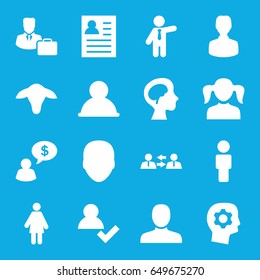 Profile icons set. set of 16 profile filled icons such as goat, face, man, girl, businessman, human brain, male consultant   with case, communication, man thinking about money