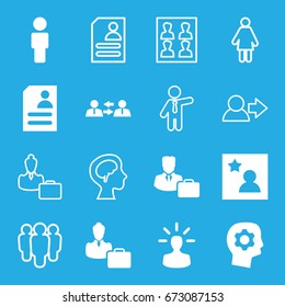 Profile icons set. set of 16 profile filled and outline icons such as resume, favorite photo, male consultant   with case, woman consultant with case, user bulb, communication