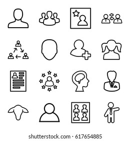 Profile icons set. set of 16 profile outline icons such as goat, face, man, girl, businessman, resume, add friend, human brain, photo for passport, favorite photo, user group