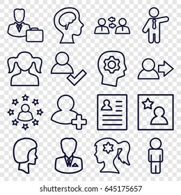 Profile icons set. set of 16 profile outline icons such as girl, woman face with flower in hair, businessman, add friend, human brain, face, favorite photo