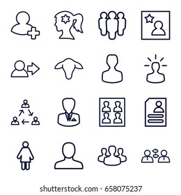 Profile icons set. set of 16 profile outline icons such as goat, man, woman face with flower in hair, resume, add friend, photo for passport, favorite photo, businessman