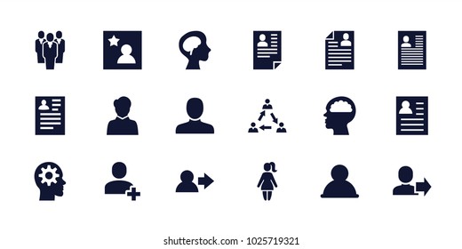 Profile icons. set of 18 editable filled profile icons: man, resume, user, communication, human brain, favorite photo, woman, group, gear in head