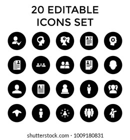Profile icons. set of 20 editable filled profile icons such as goat, man, woman face with flower in hair, businessman, resume. best quality profile elements in trendy style.