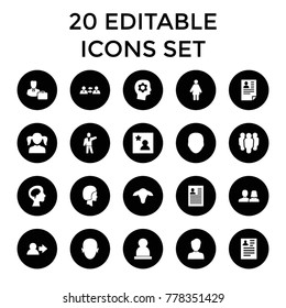 Profile icons. set of 20 editable filled profile icons such as goat, face, man and woman, girl, resume, user, woman, group. best quality profile elements in trendy style.