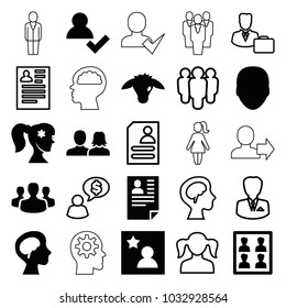 Profile icons. set of 25 editable filled and outline profile icons such as face, man and woman, add user, human brain, photo for passport, favorite photo, user group, girl