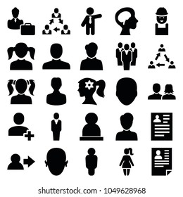 Profile icons. set of 25 editable filled profile icons such as face, man, man and woman, girl, woman face with flower in hair, businessman, resume, worker, user, communication