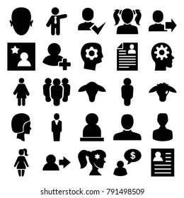 Profile icons. set of 25 editable filled profile icons such as goat, man, businessman, user, resume, woman, group, gear in head, add friend, face, favorite photo