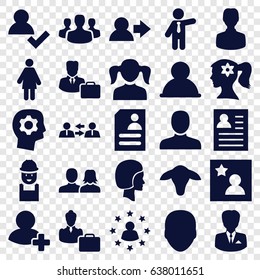 Profile icons set. set of 25 profile filled icons such as goat, face, man, man and woman, girl, woman face with flower in hair, businessman, worker, resume, add friend