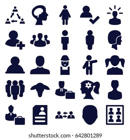 Profile icons set. set of 25 profile filled icons such as goat, face, man, girl, woman face with flower in hair, businessman, worker, resume, add friend, human brain