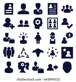 Profile icons set. set of 25 profile filled icons such as goat, face, man, man and woman, woman face with flower in hair, worker, resume, add friend, photo for passport