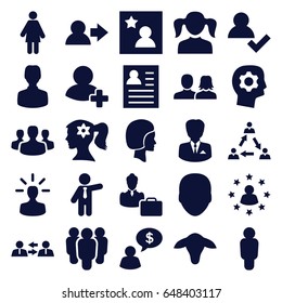 Profile icons set. set of 25 profile filled icons such as goat, face, man and woman, girl, woman face with flower in hair, businessman, add friend, favorite photo, user bulb