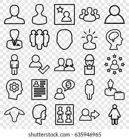 Profile icons set. set of 25 profile outline icons such as goat, face, man, man and woman, resume, worker, human brain, photo for passport, favorite photo