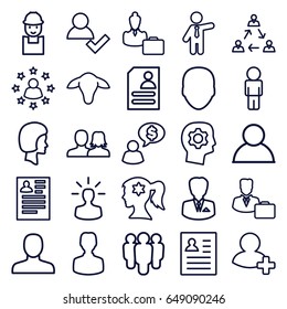 Profile icons set. set of 25 profile outline icons such as goat, face, man, man and woman, woman face with flower in hair, businessman, resume, worker, add friend