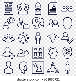 Profile icons set. set of 25 profile outline icons such as goat, face, man and woman, girl, woman face with flower in hair, resume, worker, add friend, human brain