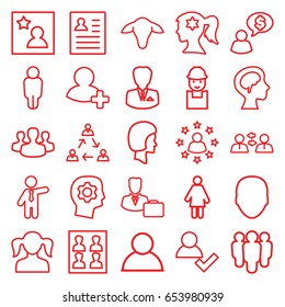 Profile icons set. set of 25 profile outline icons such as goat, face, girl, woman face with flower in hair, businessman, worker, add friend, human brain, photo for passport