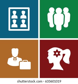 Profile icons set. set of 4 profile filled icons such as woman face with flower in hair, photo for passport, male consultant   with case