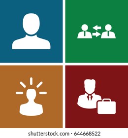 Profile icons set. set of 4 profile filled icons such as man, male consultant   with case, user bulb