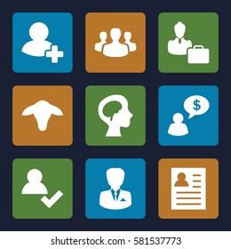 profile icons set. Set of 9 profile filled icons such as goat, add friend, human brain, woman consultant with case, businessman, user group, man thinking about money, add user