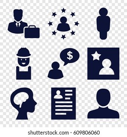 Profile icons set. set of 9 profile filled icons such as man, resume, worker, human brain, favorite photo, male consultant   with case, user surrounded by stars