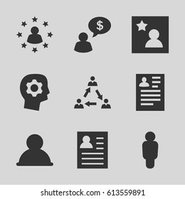 Profile icons set. set of 9 profile filled icons such as resume, favorite photo, communication, user surrounded by stars, man thinking about money, gear in head