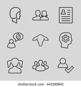 Profile icons set. set of 9 profile outline icons such as goat, man and woman, girl, face, user group, add user, resume, man thinking about money