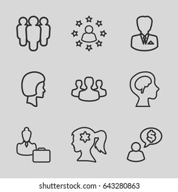 Profile icons set. set of 9 profile outline icons such as woman face with flower in hair, human brain, face, woman consultant with case, businessman, user group