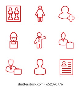 Profile icons set. set of 9 profile outline icons such as businessman, worker, add friend, photo for passport, male consultant   with case, woman consultant with case, resume