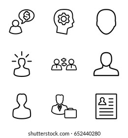Profile icons set. set of 9 profile outline icons such as face, man, male consultant   with case, user bulb, resume, man thinking about money, gear in head, user