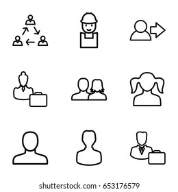 Profile icons set. set of 9 profile outline icons such as man, man and woman, girl, worker, male consultant   with case, woman consultant with case, user