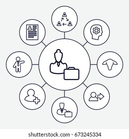 Profile icons set. set of 9 profile outline icons such as goat, businessman, resume, add friend, male consultant   with case, woman consultant with case, user, gear in head