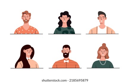 Profile icons set. Collection of avatars with men and women for social networks and instant messengers. Happy and friendly people. Cartoon flat vector illustrations isolated on white background
