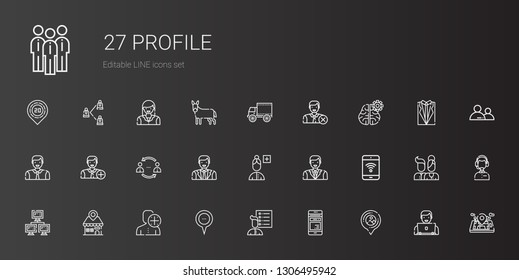 profile icons set. Collection of profile with placeholder, mobile phone, user list, user, network, man, add user, mind, side view, customer service. Editable and scalable profile icons.