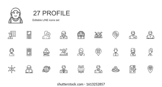 profile icons set. Collection of profile with placeholder, man, group, network, user, networking, businessman, businesswoman, mobile phone. Editable and scalable profile icons.