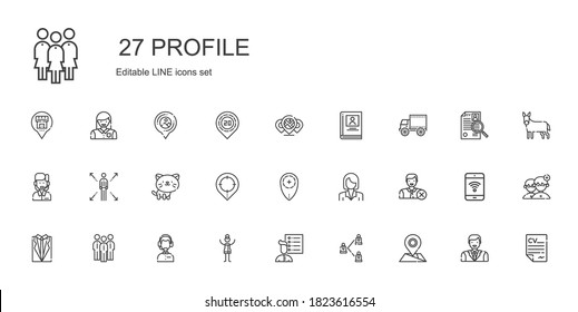profile icons set. Collection of profile with placeholder, network, user list, woman, customer service, group, suit, user, businesswoman. Editable and scalable profile icons.