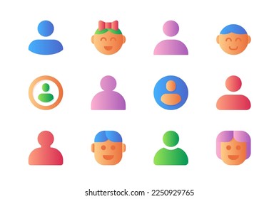 Iconos de perfil establecidos en diseño plano de color. Paquete de chica, niño, emoticono, humano, avatar, hombre, mujer, mujer, hombre, miembro, usuario, silueta de medios sociales. Pictogramas vectores para sitios web y aplicaciones móviles