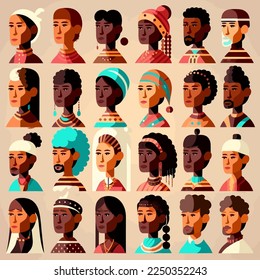 Profile illustration of an ethnic group. Diverse portraits of men and women of various ages, ethnicities, and physical characteristics. Graphic with a checkered design. Flat design.