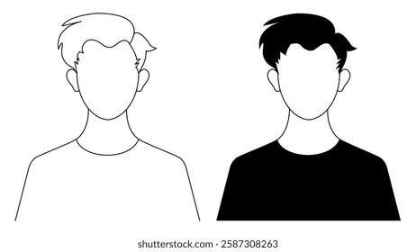 A profile illustration of a man's silhouette with short hair. An outline young man profile illustration. A black and white male avatar picture. An illustration of a man in a t-shirt.