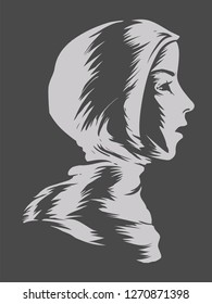 Profile Illustration of a Muslim Girl Wearing a Hijab in Light and Dark Gray Stencil