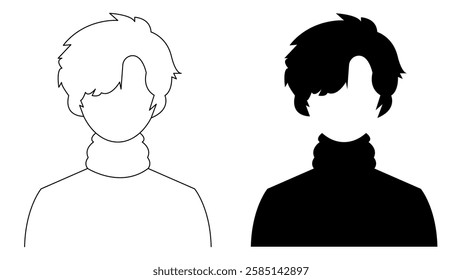 A profile illustration of a woman's or man's silhouette in a turtle-neck sweater with short hair. An outline profile illustration. A black and white male or female avatar picture.