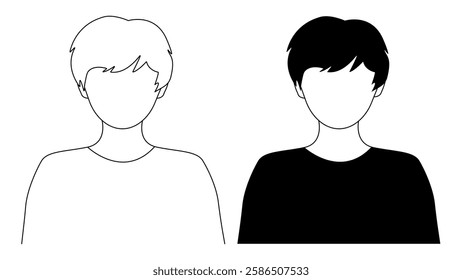 A profile illustration of a woman's or man's silhouette with short hair. An outline profile illustration. A black and white male or female avatar picture. An illustration of a teenager.