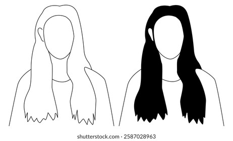 A profile illustration of a woman's silhouette. An outline woman with long hair profile illustration. A black and white female avatar picture.