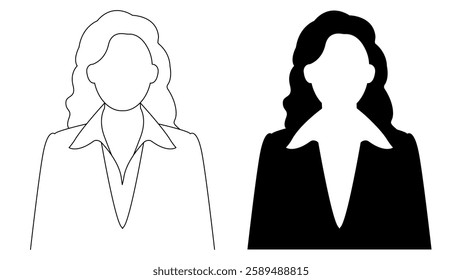 A profile illustration of a woman's silhouette. An outline businesswoman profile illustration. A black and white female avatar picture. A woman in a business suit.