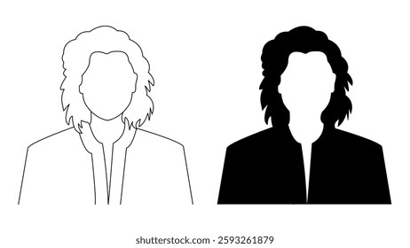 A profile illustration of a woman's silhouette. An outline businesswoman profile illustration. A black and white female avatar picture. 