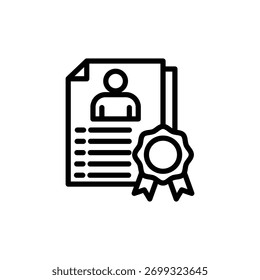 Profile image on white paper with lines and seal shows successful achievement in simple black and white illustration style, suitable for business or education materials.