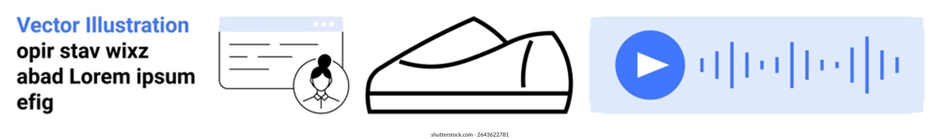 Profile image, text box, shoe outline, and audio player with play button. Ideal for digital content, user interfaces, fashion, audio streaming, profiles, tech apps, and minimalist design. Landing