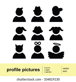 Profile images with smiling faces. Female and male profile pictures. All ages  child, teenage and adult or old.  Vector icons set