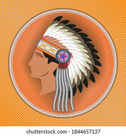 Profile of an Indian in the national dress of bird feathers. Native American head left in a circle with shadow. EPS10