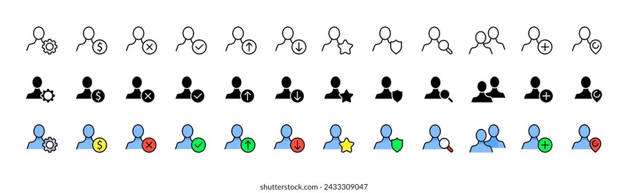 Profile indicators icon collection. Linear, silhouette and flat style. Vector icons
